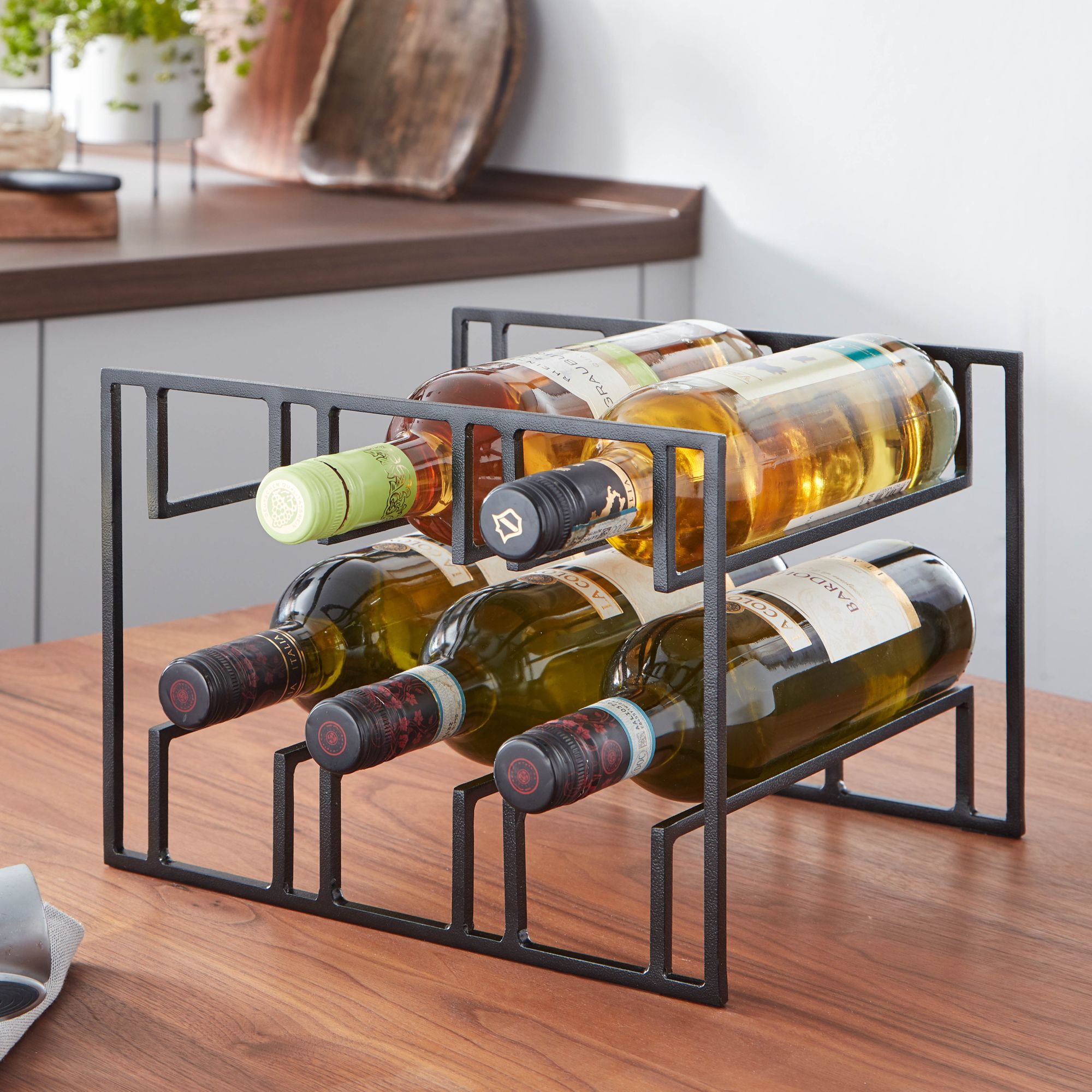 Porte-bouteille de vin pour 6 bouteilles 29x21x25 cm Casier à vin en métal noir, Porte-bouteille en fer moderne, Support à vin Porte-vin Table Cuisine