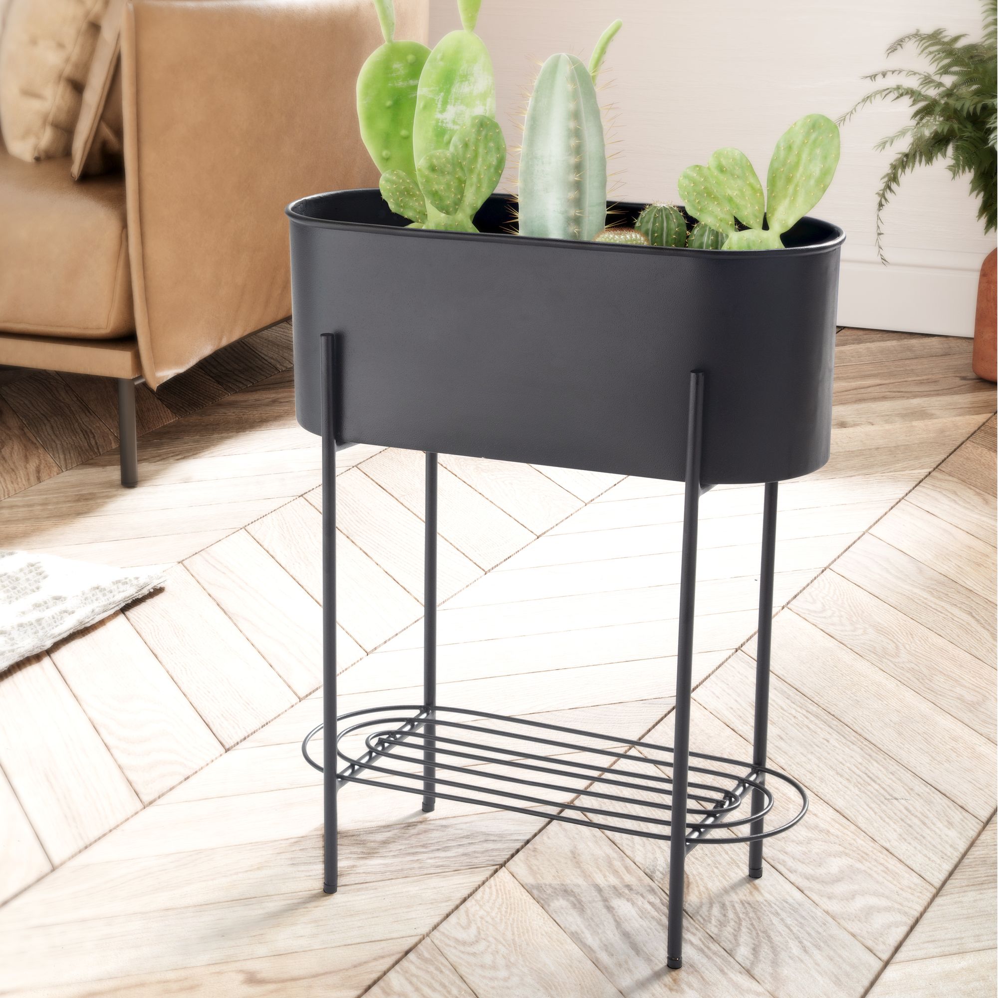 Jardinière métal 51x65x22 cm cache-pot noir avec cadre et étagère