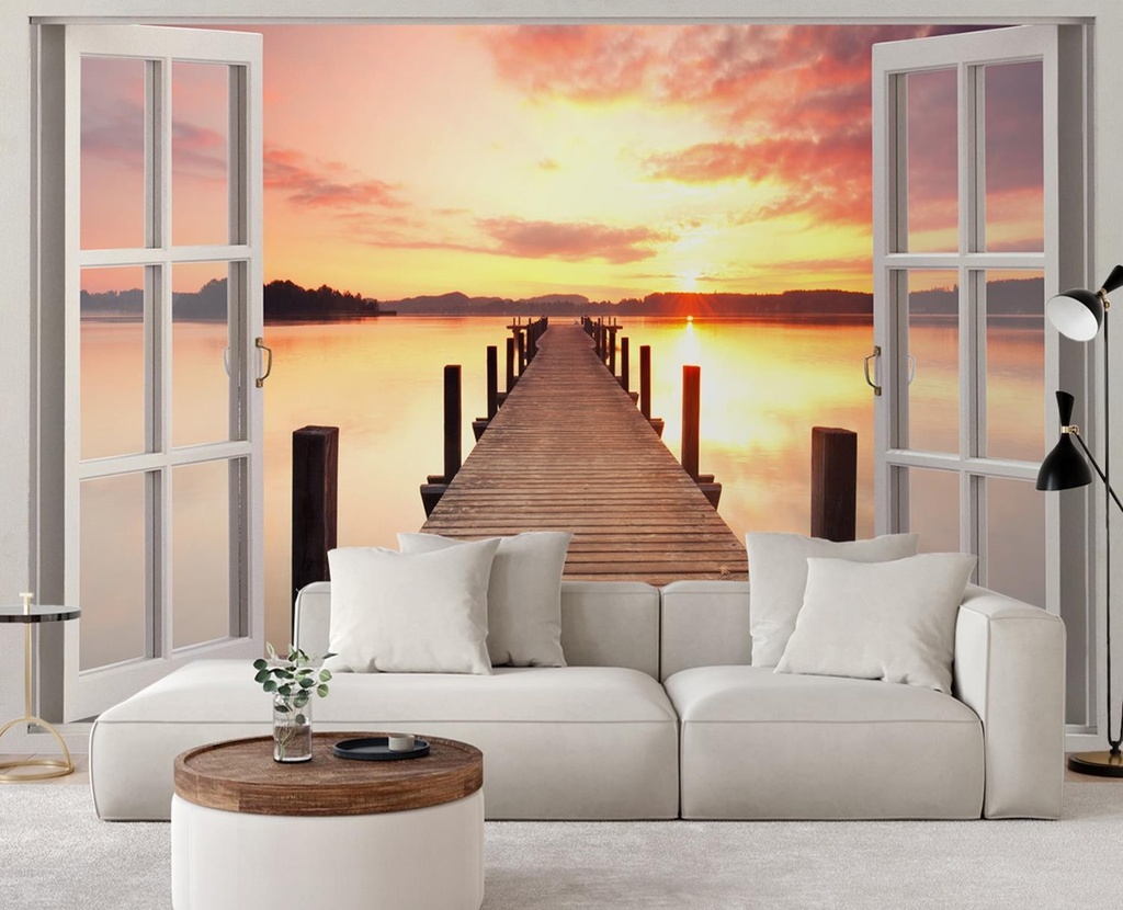 Photo murale pour salon au style moderne vue sur le ponton au coucher du soleil depuis la fenêtre feeby-01