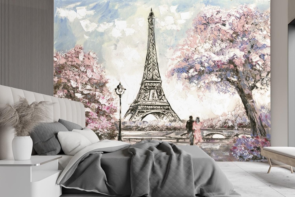 Photo murale pour salon de couleur rose de la tour eiffel au printemps feeby-01