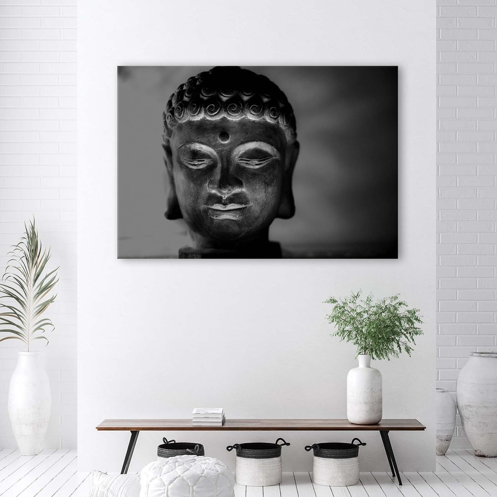 Cadre décoratif avec image de bouddha illuminé méditant dans les tons noir et gris feeby-01