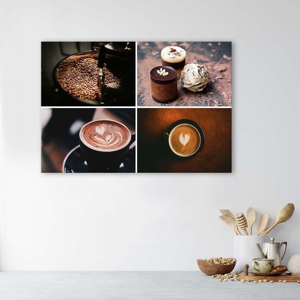 Cadre décoratif en mdf avec image de café et douceurs imprimée sur toile finition marron feeby-01