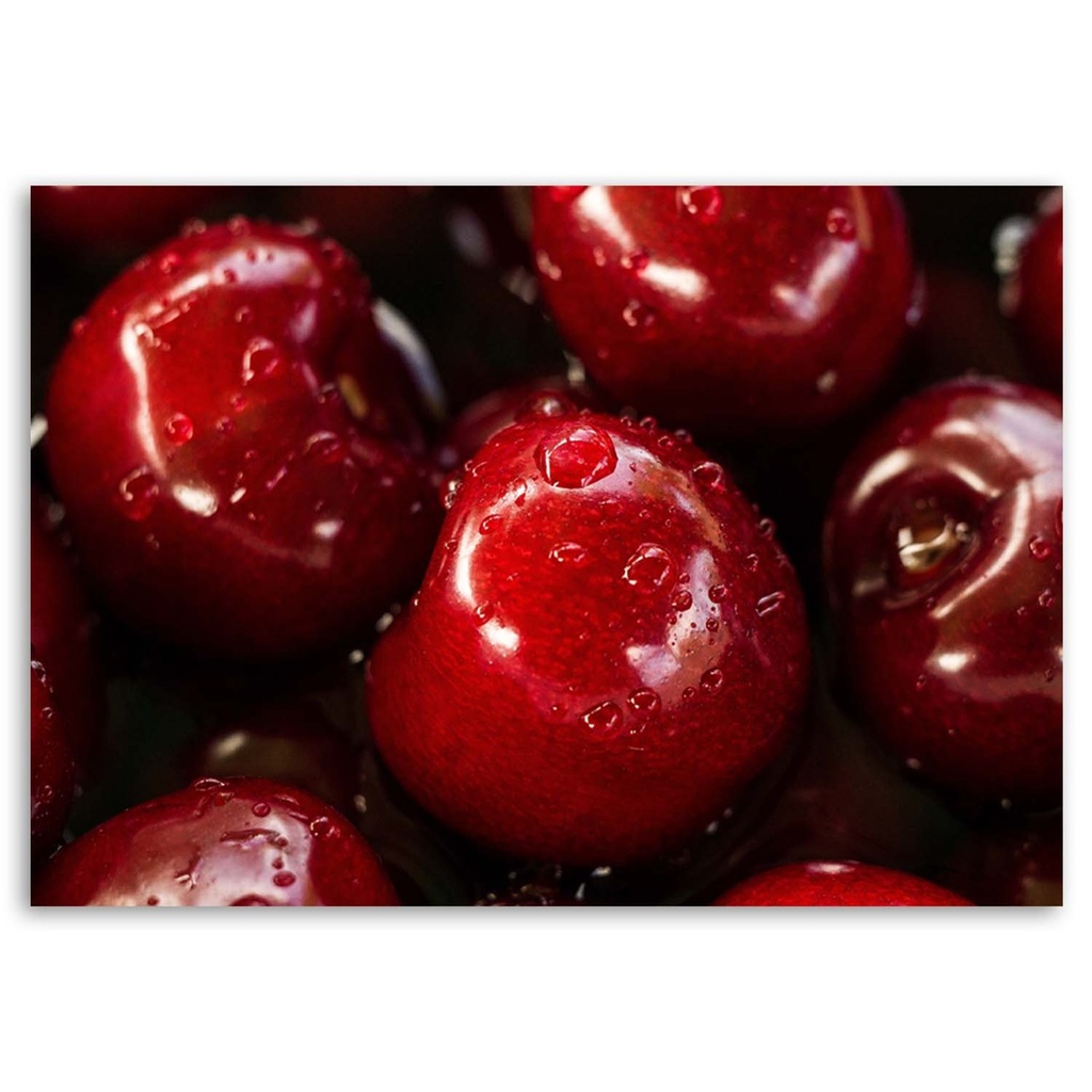 Cadre avec image de cerises dans l'eau imprimée sur toile classique avec une finition rouge feeby-02