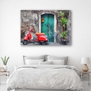 Cadre imprimé sur toile avec image de scooter rouge près d'une entrée fabriqué en mdf et toile feeby-01