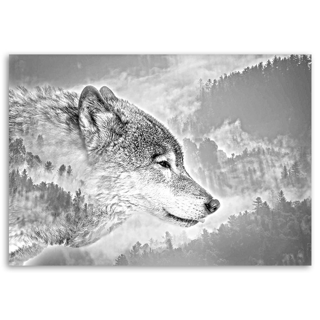 Cadre imprimé sur toile avec image de loup sur fond enneigé fabriqué en mdf et toile feeby-02