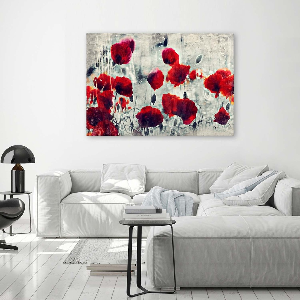 Cadre imprimé sur toile avec image abstraite de coquelicots rouges dans un pré noir et blanc fabriqué en mdf et toile feeby-01