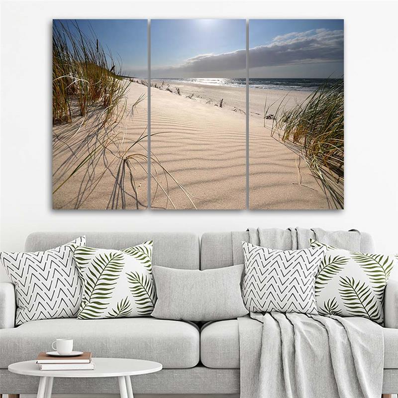 Cadre imprimé sur toile composé de 3 pièces avec image de dunes sur la plage fabriqué en mdf et toile feeby-01