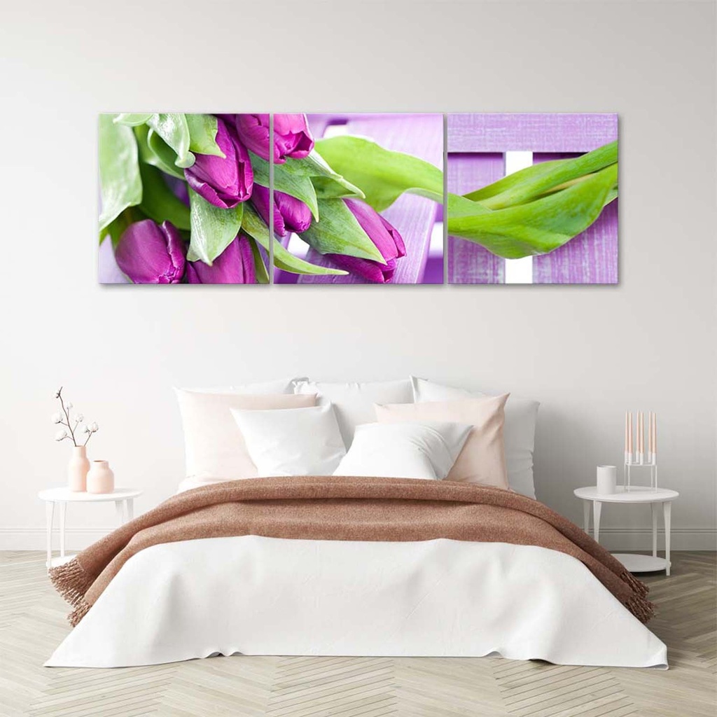 Cadre imprimé sur toile composé de 3 pièces avec image d'un bouquet de tulipes violettes fabriqué en mdf et toile feeby-01