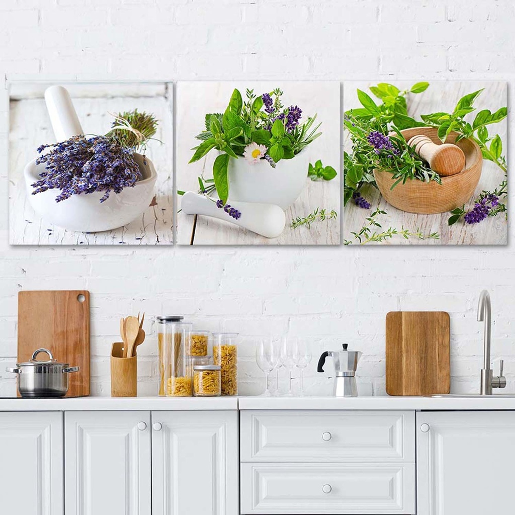 Ensemble de 3 cadres avec image d'herbes aromatiques fabriqué en mdf et toile feeby-01