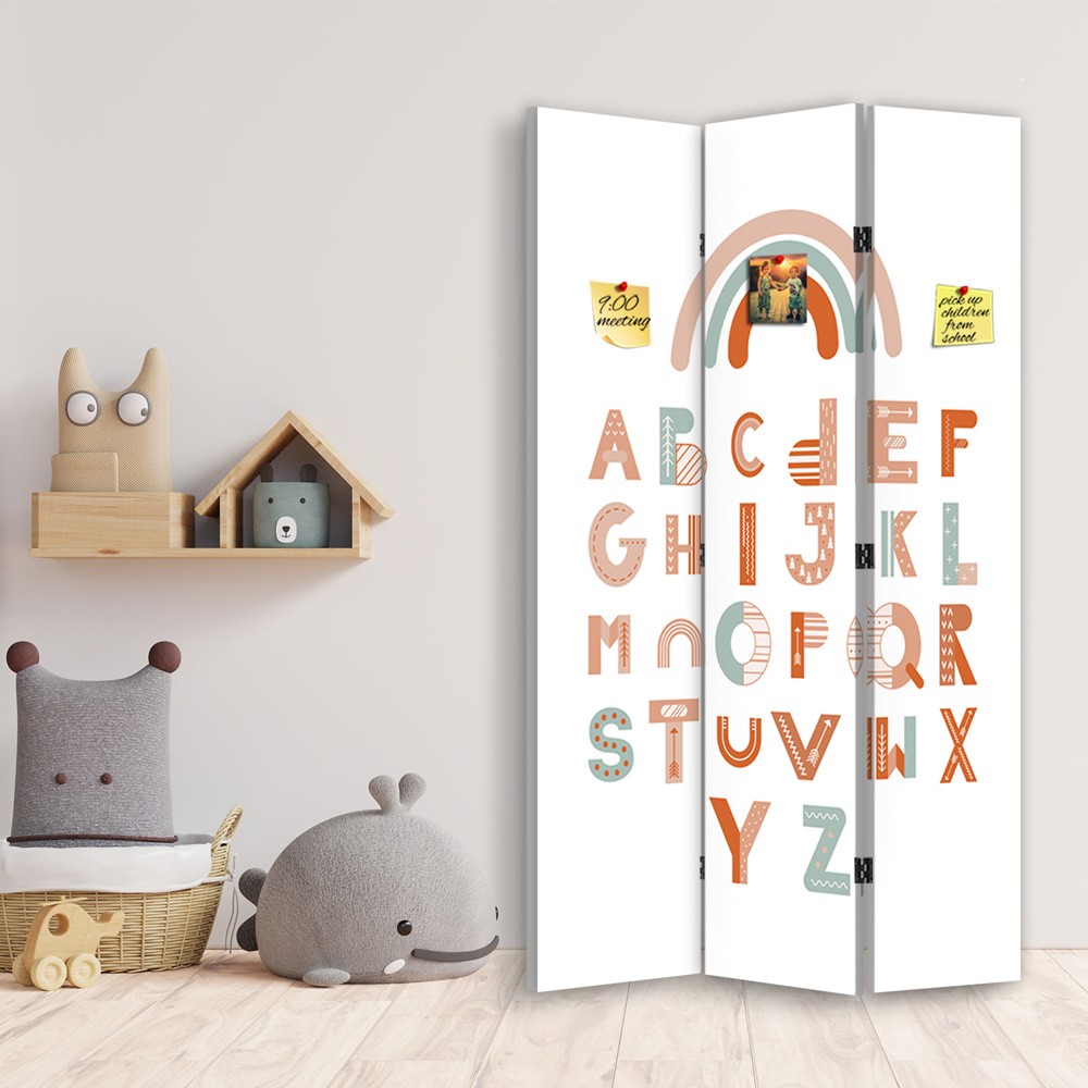 Paravent avec image d'un alphabet et d'un arc-en-ciel fabriqué en mdf et toile feeby-01