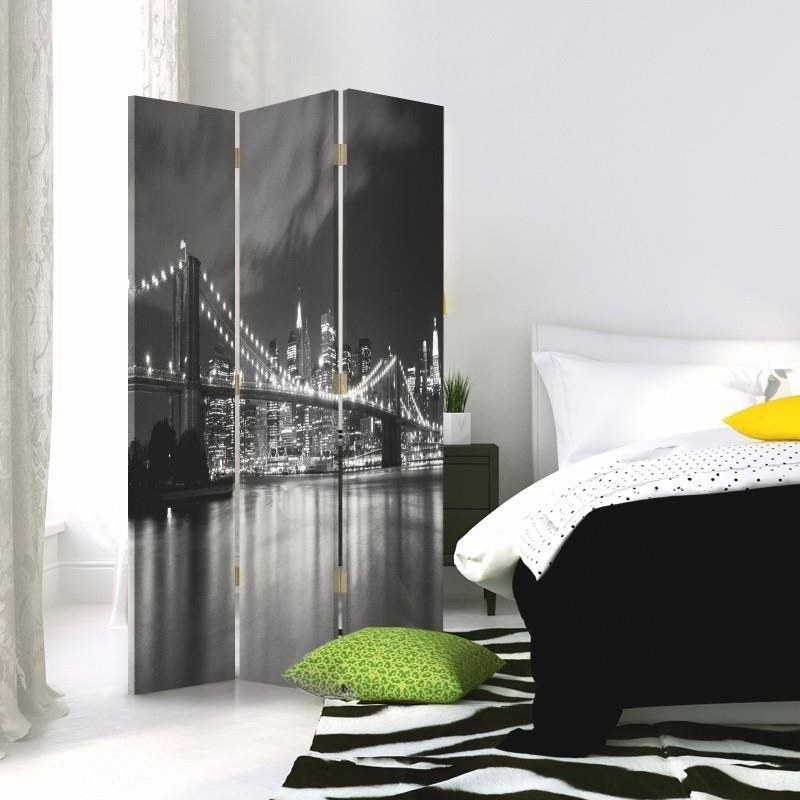 Paravent séparateur d'espaces double face pivotant en toile et mdf motif pont de brooklyn la nuit feeby-01