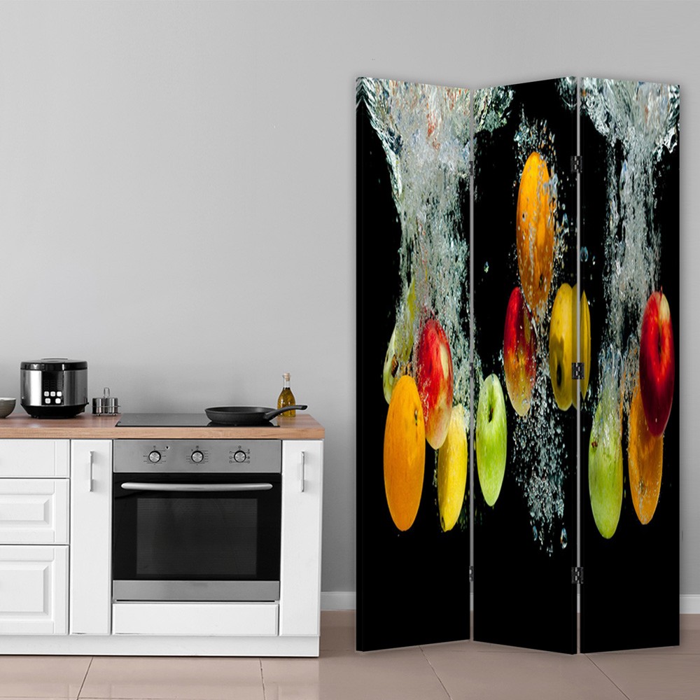 Paravent de couleur noire avec image de fruits dans l'eau fabriqué en mdf et toile feeby-01