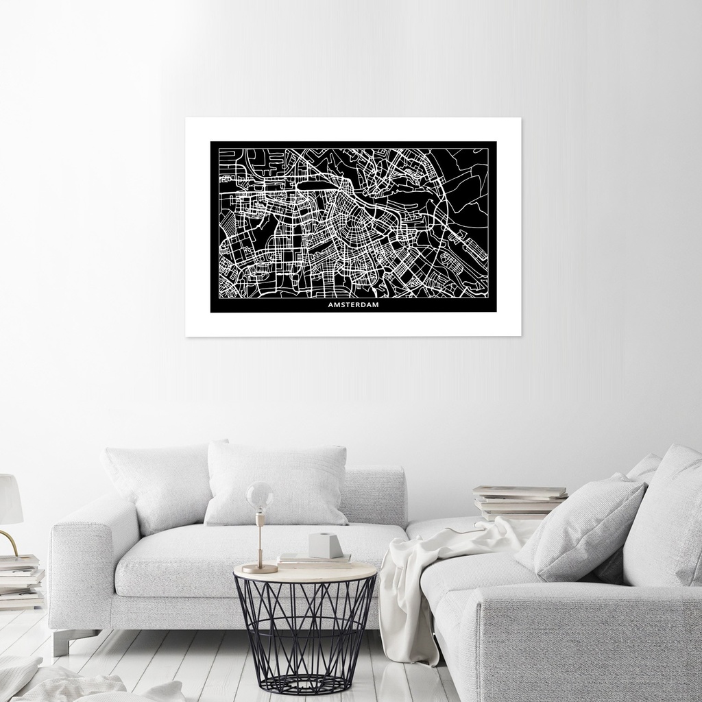 Poster mural en papier avec image d'une carte d'amsterdam couleur noir et blanc feeby-01