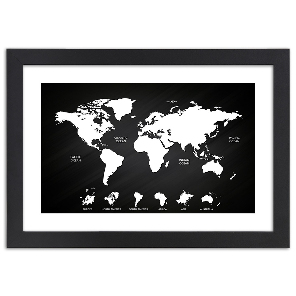 Cadre noir en mdf plaqué avec poster décoratif carte du monde et des continents contrastée feeby-02