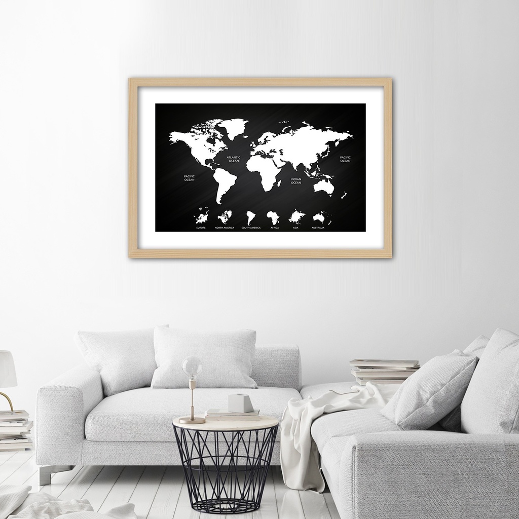 Cadre imprimé sur toile avec image d'une carte du monde et des continents fabriqué en mdf feeby-01