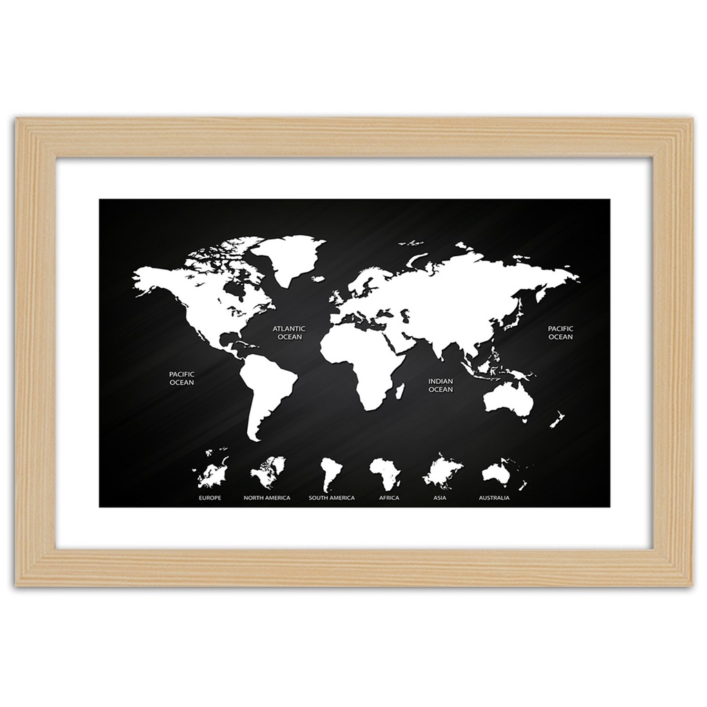 Cadre imprimé sur toile avec image d'une carte du monde et des continents fabriqué en mdf feeby-02