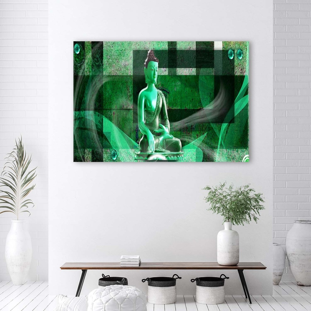 Cadre imprimé sur toile avec image de bouddha sur fond géométrique de couleur verte fabriqué en mdf feeby-01