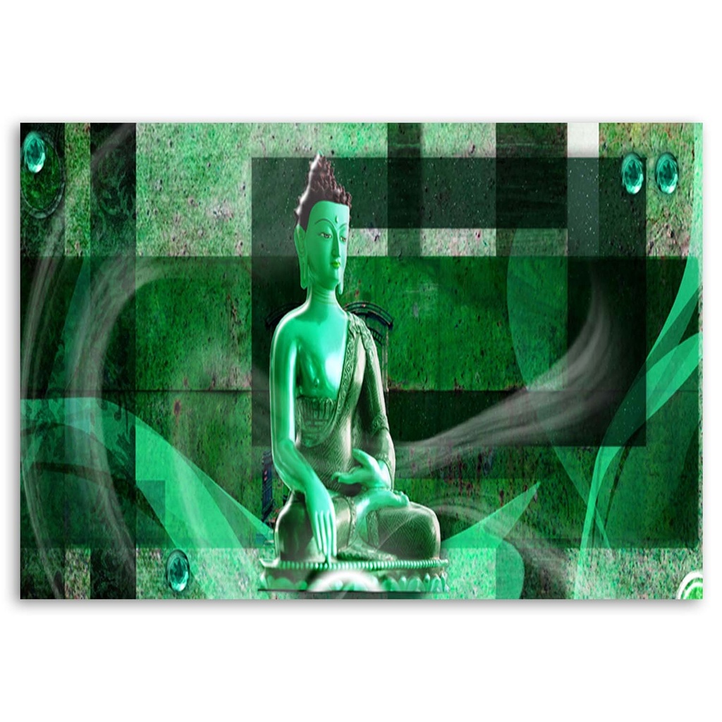 Cadre imprimé sur toile avec image de bouddha sur fond géométrique de couleur verte fabriqué en mdf feeby-02