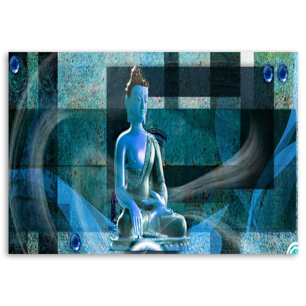 Cadre imprimé sur toile avec image de bouddha sur fond géométrique bleu fabriqué en mdf feeby-02