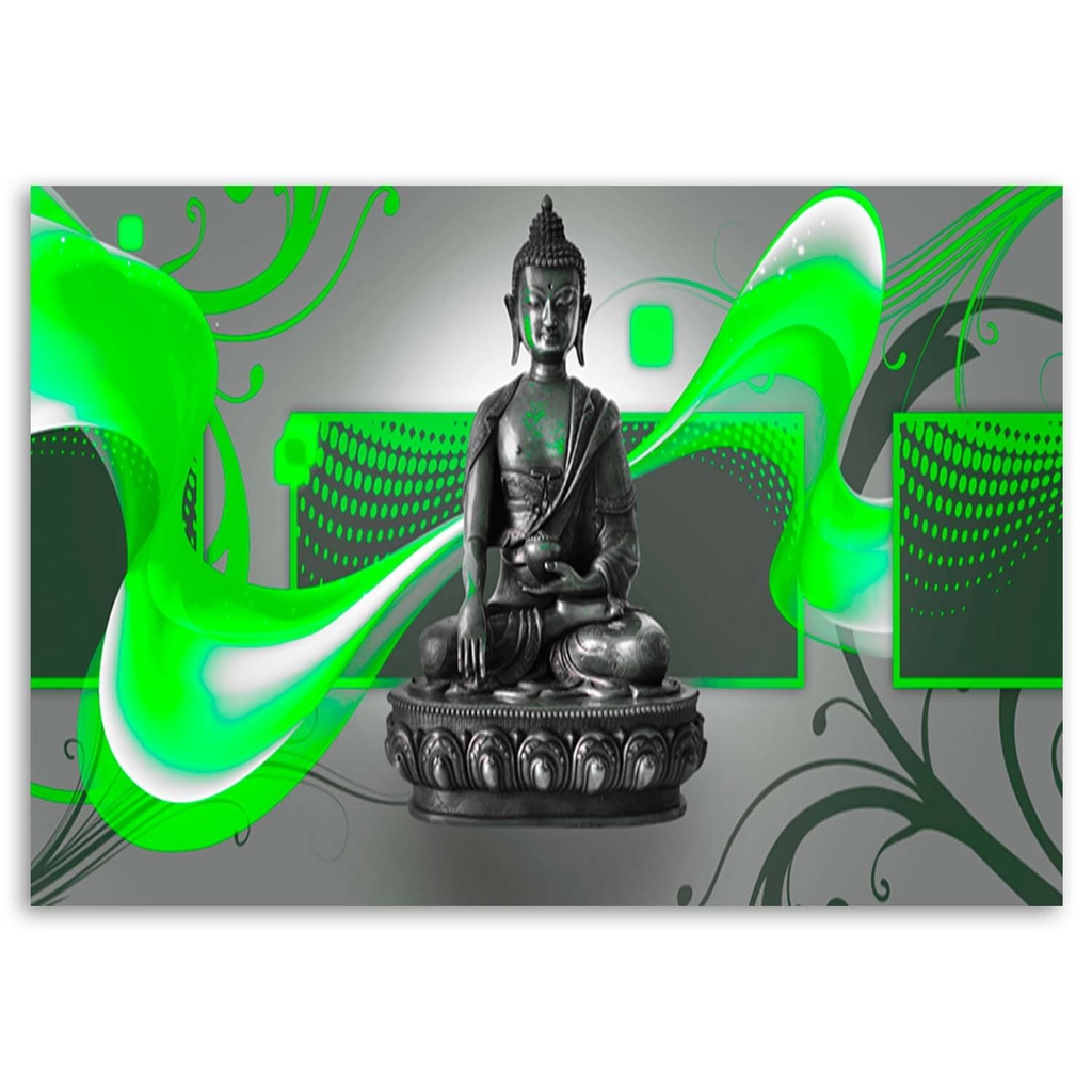 Cadre imprimé sur toile avec image de bouddha sur fond abstrait vert fabriqué en mdf feeby-02