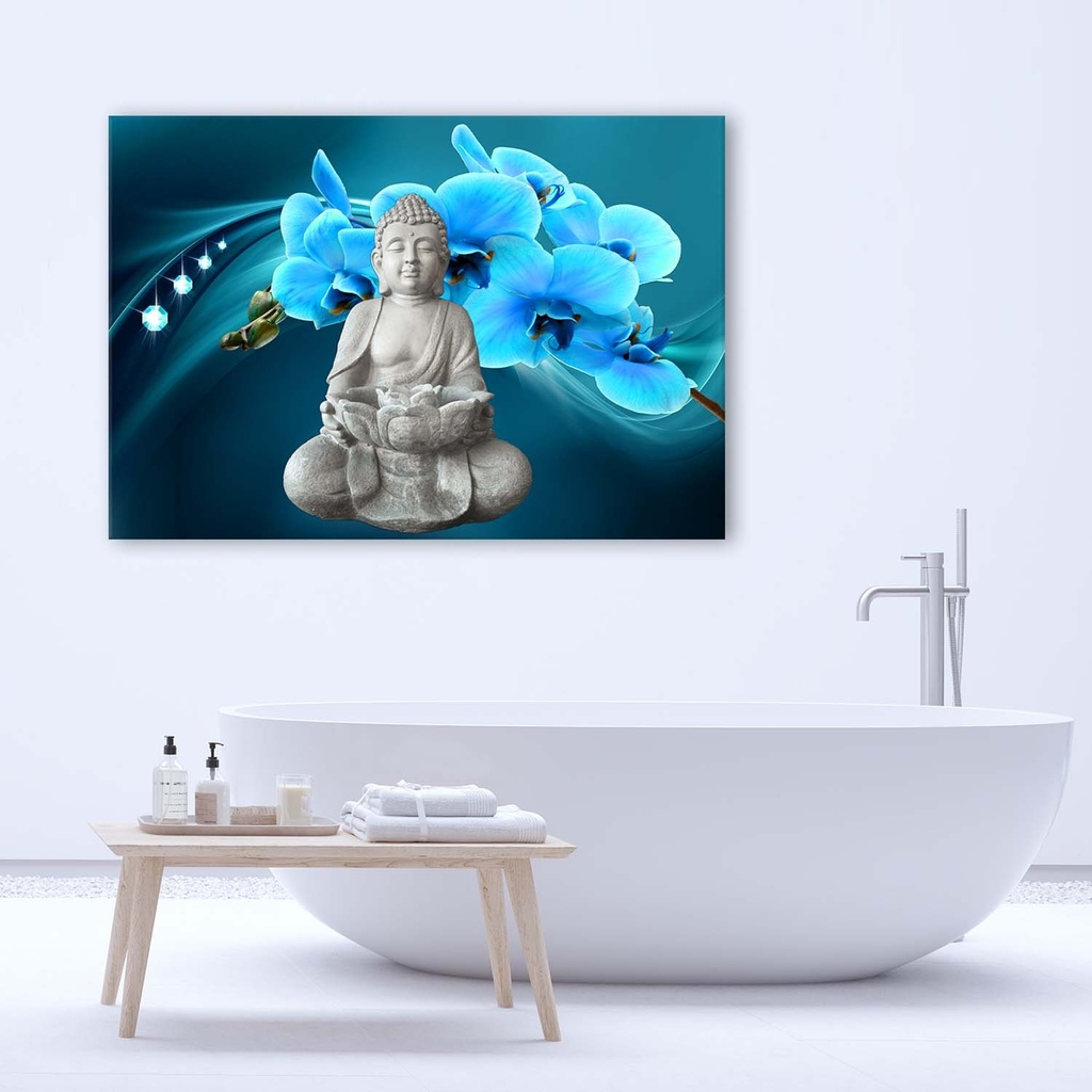 Cadre imprimé sur toile avec image de bouddha et d'une orchidée bleue fabriqué en mdf feeby-01