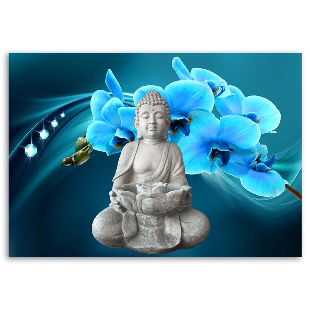 Cadre imprimé sur toile avec image de bouddha et d'une orchidée bleue fabriqué en mdf feeby-02