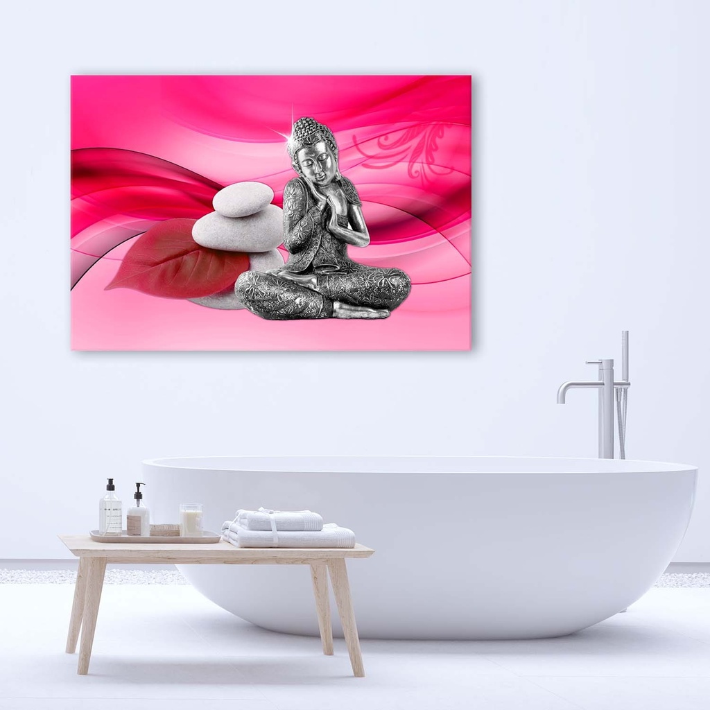 Cadre imprimé sur toile avec image de bouddha sur fond rose fabriqué en mdf et toile feeby-01