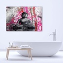 Cadre décoratif en hdf avec image de bouddha et feuilles de bambou finition rose et gris feeby-01