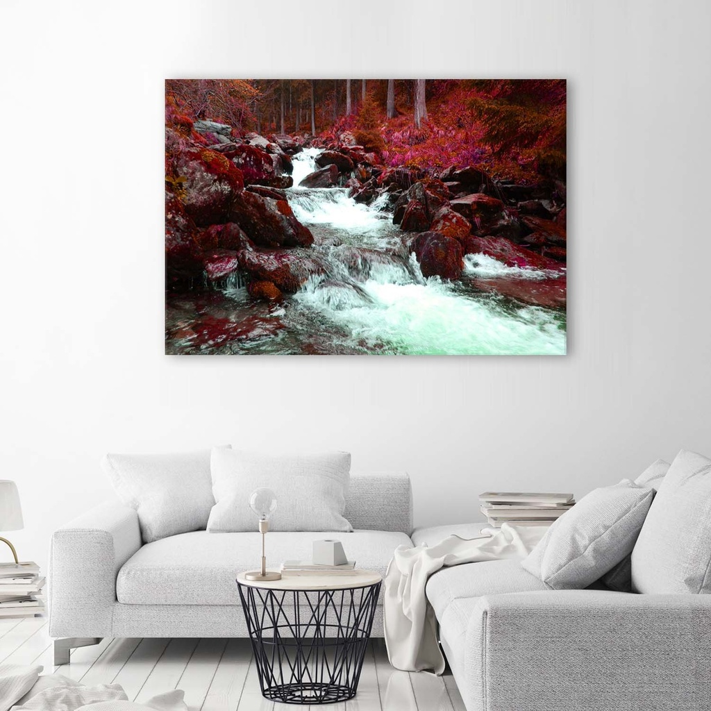 Cadre décoratif avec image de rivière de montagne imprimée sur papier avec encadrement en mdf rouge feeby-01