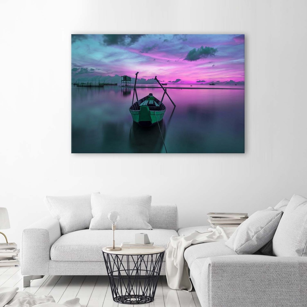 Cadre décoratif en mdf avec image imprimée sur toile d'un bateau sur le lac couleur violette feeby-01