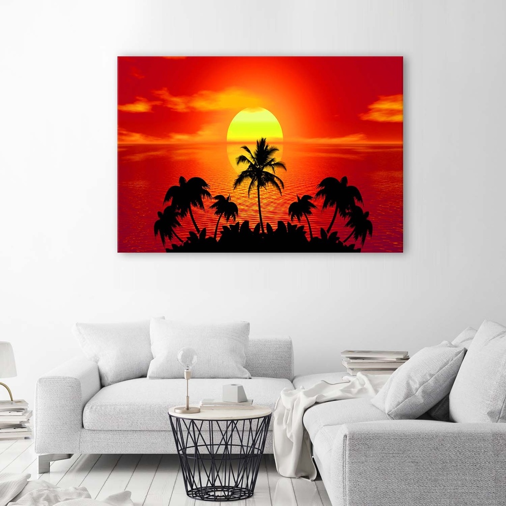 Cadre décoratif en mdf avec image de coucher du soleil et palmiers imprimée sur papier satiné avec finition rouge feeby-01