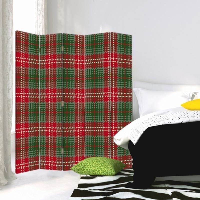 Paravent à deux faces 180 cm fabriqué en mdf et toile avec décor tartan rouge et vert feeby-01