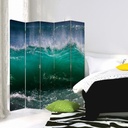 Paravent séparateur d'espaces avec image de vague sur la mer imprimée sur toile avec finition bleue et cadre en mdf feeby-01