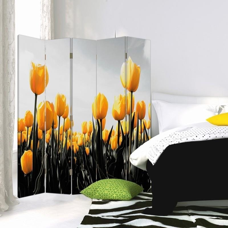 Paravent séparateur d'espaces impression sur toile avec cadre en mdf prairie de tulipes jaunes feeby-01