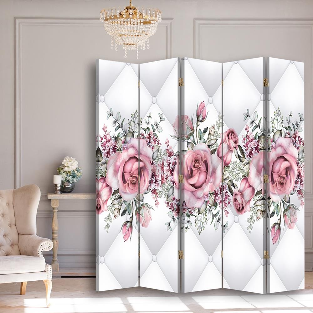 Paravent séparateur d'espaces en toile avec cadre en mdf et un motif floral finition rose feeby-01