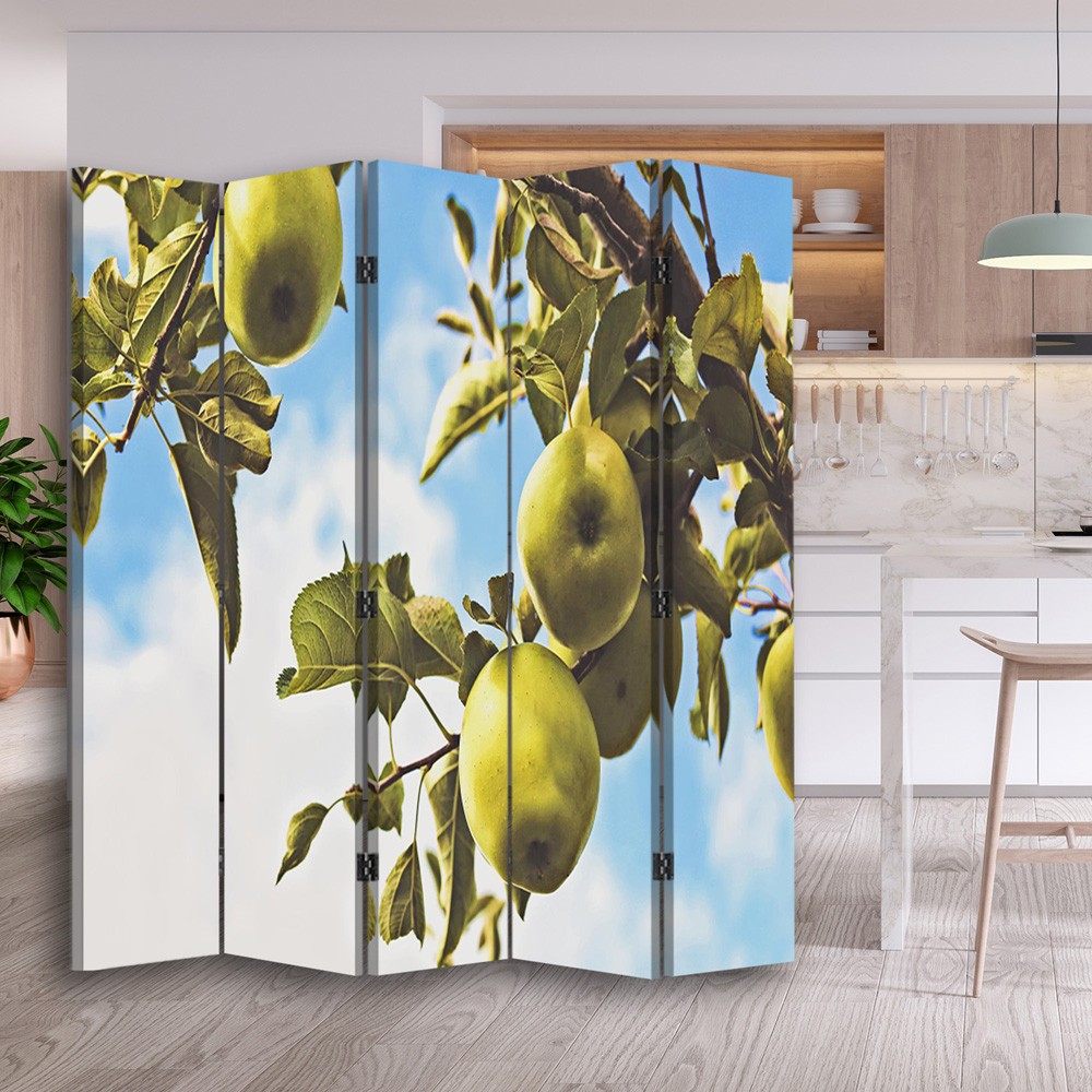 Paravent séparateur d'espaces avec image de pommes imprimée sur toile avec finition verte et cadre en mdf feeby-01