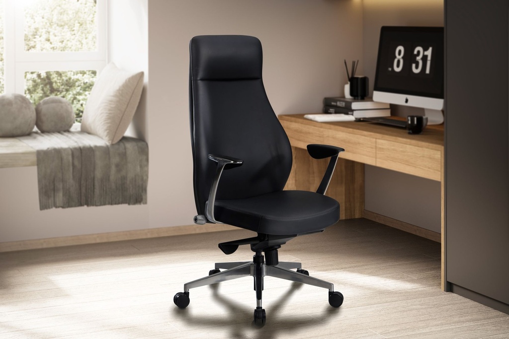 Chaise de bureau avec revêtement en simili cuir noir, jusqu'à 120 kg, fauteuil de direction, réglable en hauteur, ergonomique avec accoudoirs et dossier haut, fonction berçante_02