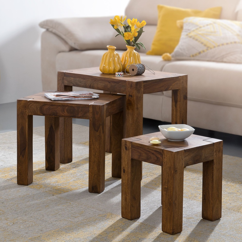 Set de 3 tables gigognes MUMBAI en bois massif de sheesham style maison de campagne, bois naturel marron foncé_01