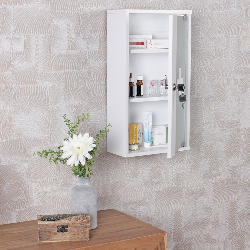 Armoire à pharmacie ELLA bois blanc 26 x 48 x 12 cm verrouillable avec 3 compartiments_02