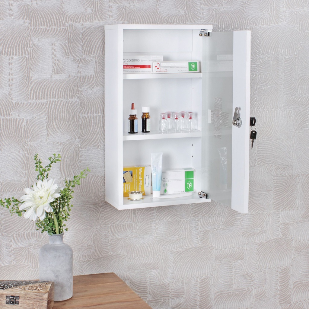 Armoire à pharmacie ELLA bois blanc 26 x 48 x 12 cm verrouillable avec 3 compartiments_05