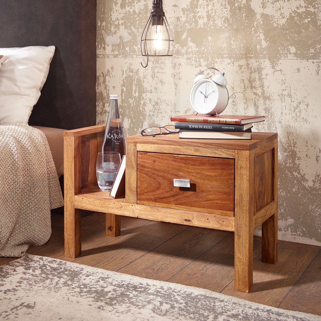 Table de chevet MUMBAI en bois de Sesham massif tiroir de 40 cm de haut avec étagère à journaux_01