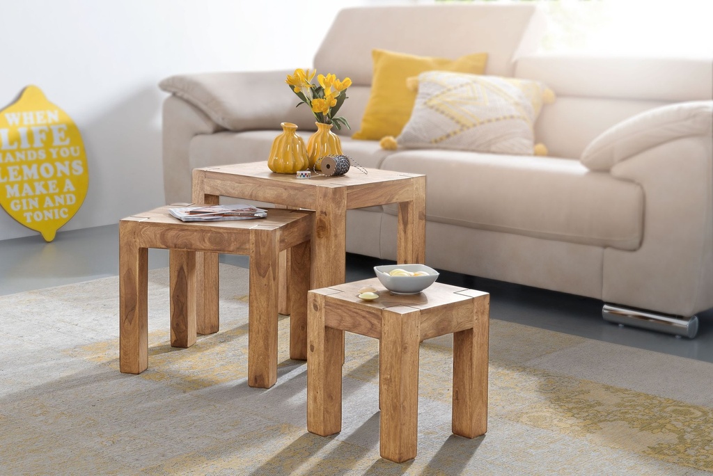 Set de 3 tables gigognes MUMBAI en bois massif d'acacia style maison de campagne bois naturel marron foncé_02