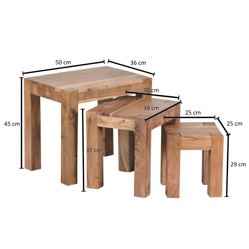 Set de 3 tables gigognes MUMBAI en bois massif d'acacia style maison de campagne bois naturel marron foncé_03