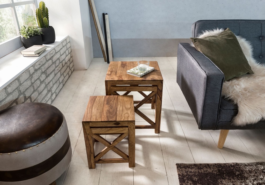 Set de 2 tables d'appoint PALI en bois de Sesham massif, design style maison de campagne marron foncé_04