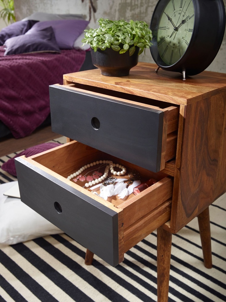 Console de nuit rétro REPA / table de chevet en bois de sheesham avec 2 tiroirs marron foncé / noir_05