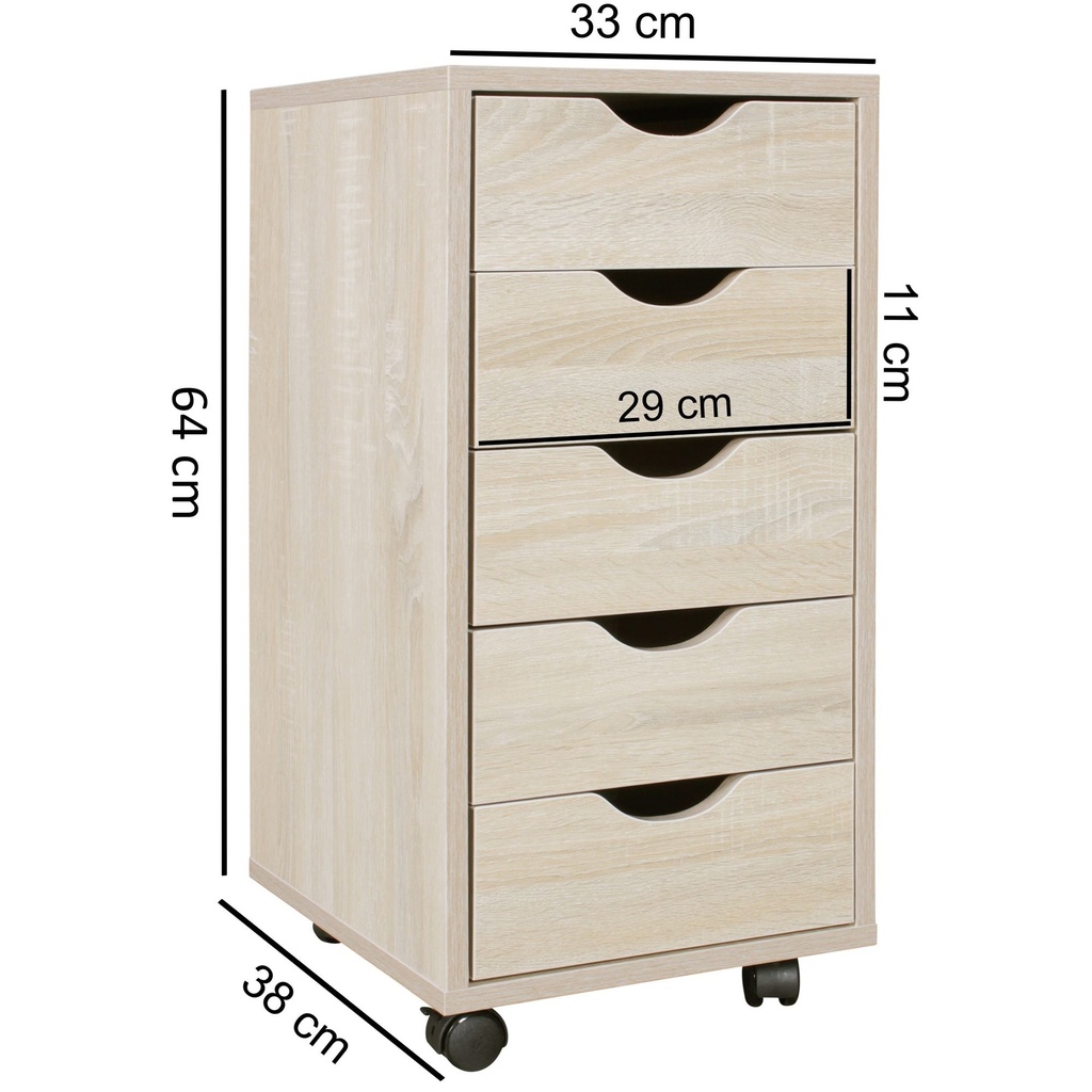 Conteneur mobile MINA 33 x 64 x 38 cm bois MDF 5 tiroirs sonoma, avec roulettes_04