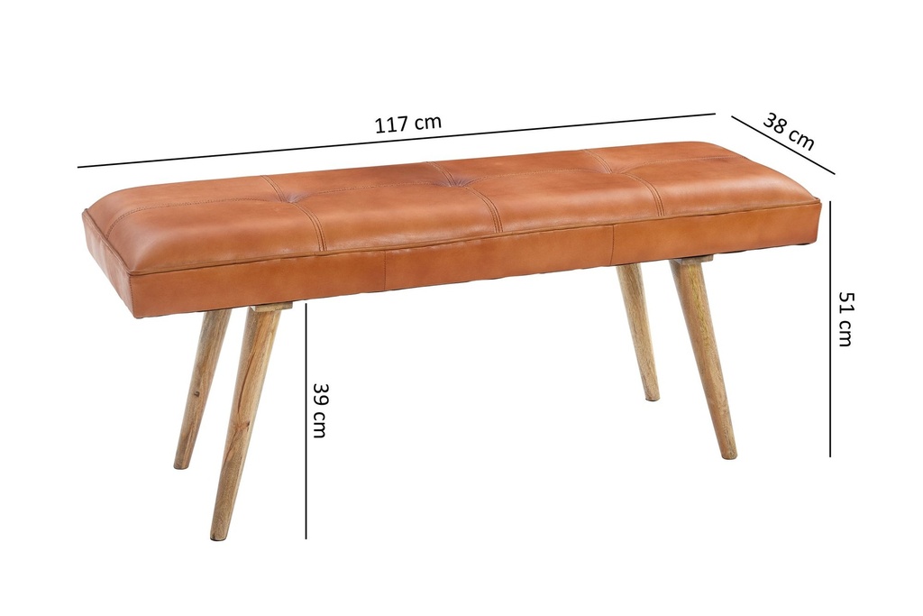 Banc SALIM en cuir de chèvre / banc en bois massif 117x51x38 cm de style rétro_03