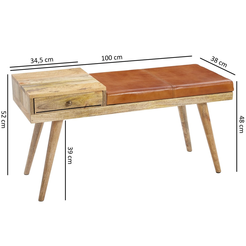 Banc SALIM en peau de chèvre / banc en bois massif 100x52x38 cm de style rétro_03