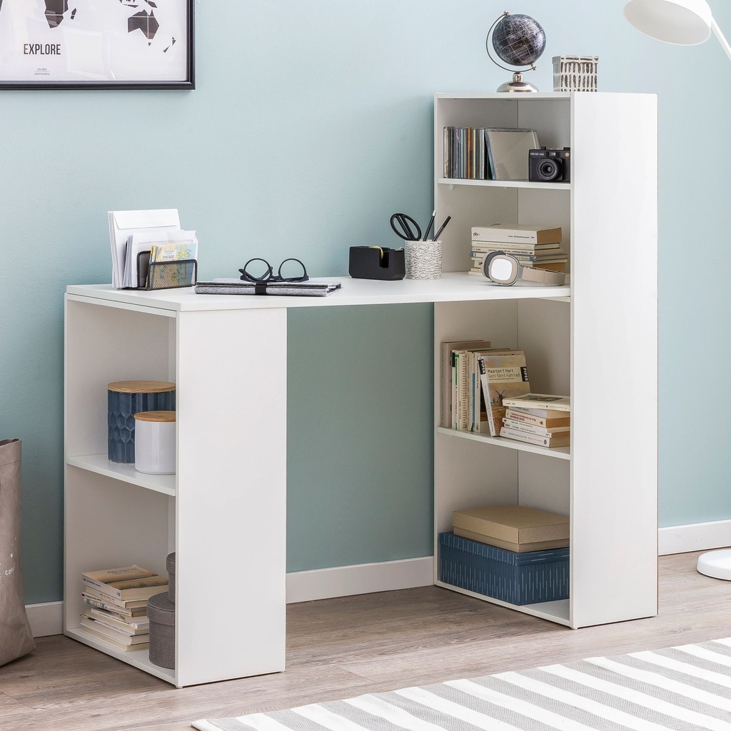 Bureau avec étagère 120 x 120 x 53 cm bois blanc mat moderne_01