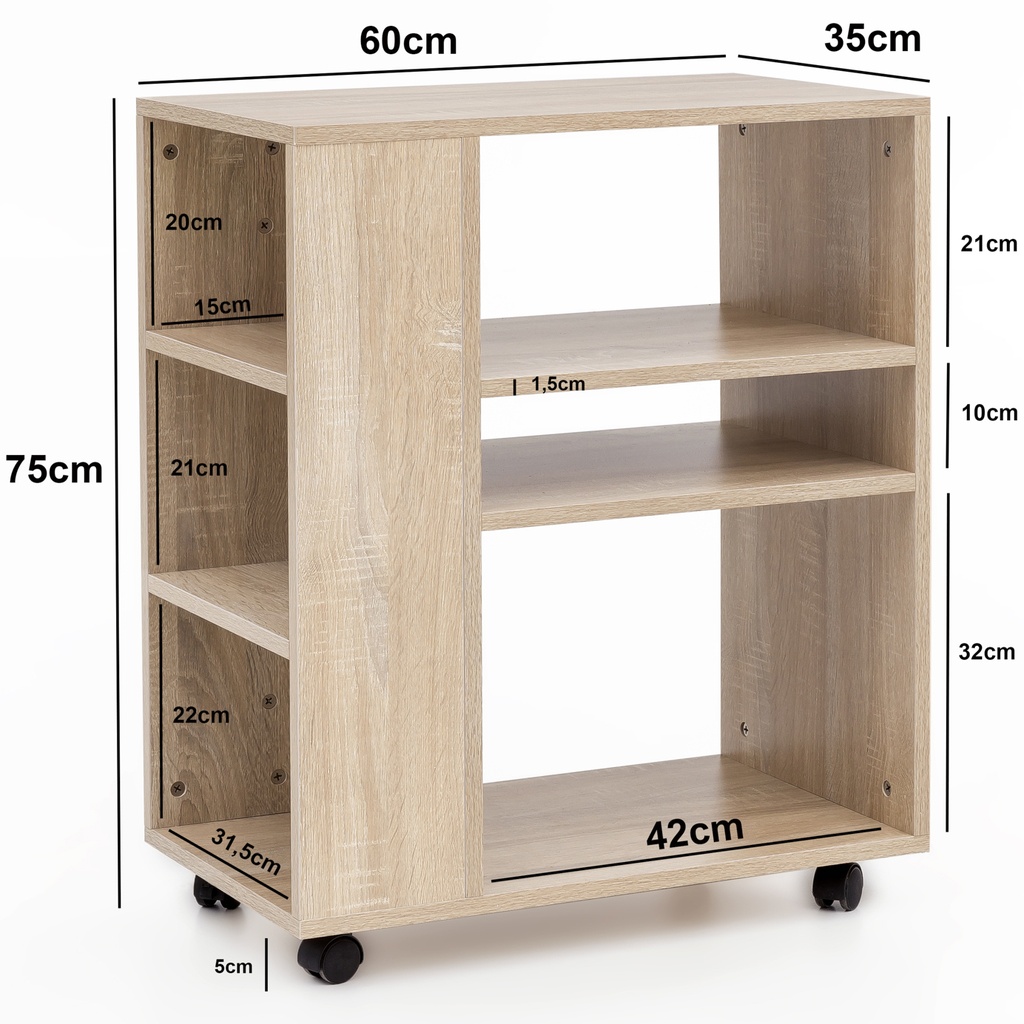 Étagère Sonoma 60x35x75 cm avec roulettes en bois_03